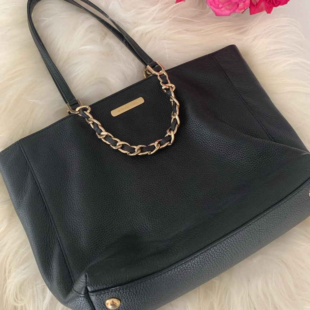 Michael Kors Black Leather Tote with Gold Chain
